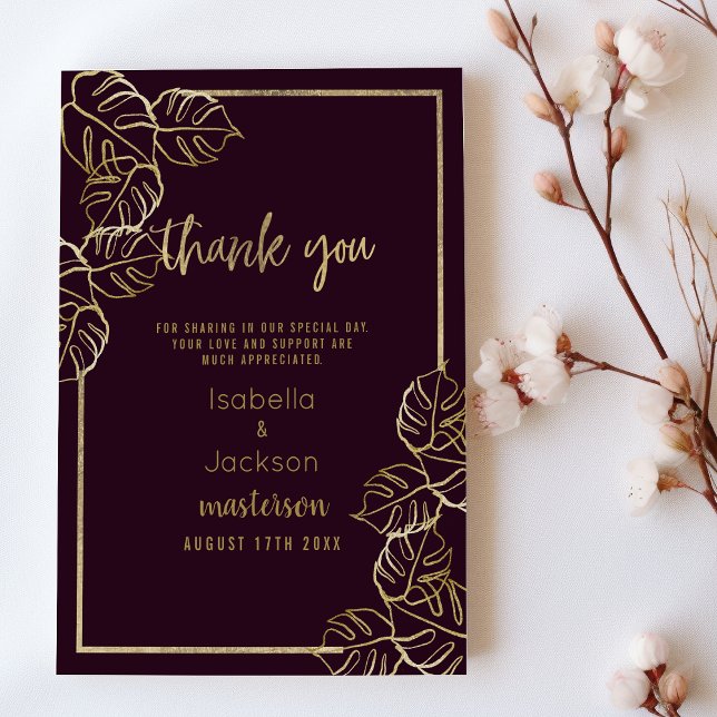 Invitation Bordeaux riche en or rouge Merci floral (Bordeaux deep rich red gold floral Thank You)