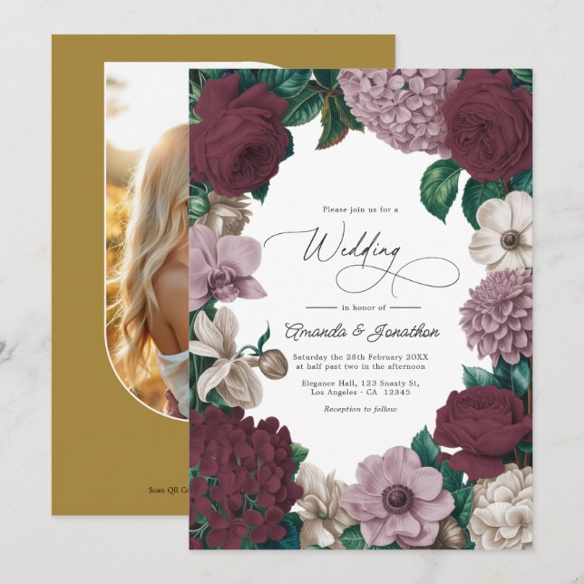 Invitation Bordeaux Wine, Mauve Smoke & Tulle Beige Wedding (Devant / Derrière)