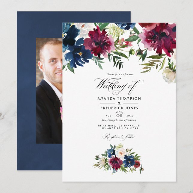 Invitation Bordo et marine aquarelle Mariage floral photo (Devant / Derrière)