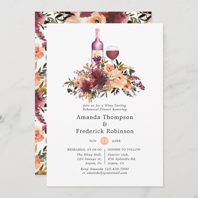 Invitation Bordo Peach Dîner De Répétition De Vins (Devant / Derrière)