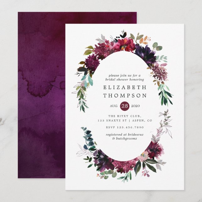 Invitation Bordo Violet Plum Aquarelle Fête des mariées flora (Devant / Derrière)
