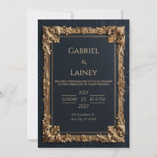 Invitation Bordure Baroque Or en Mi-Nuit pour Mariage