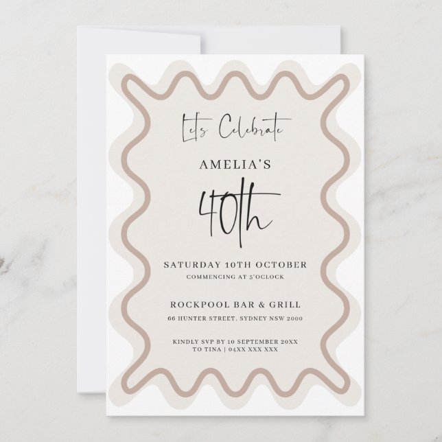 Invitation Bordure blanche beige Vague 40e anniversaire Invit (Devant)