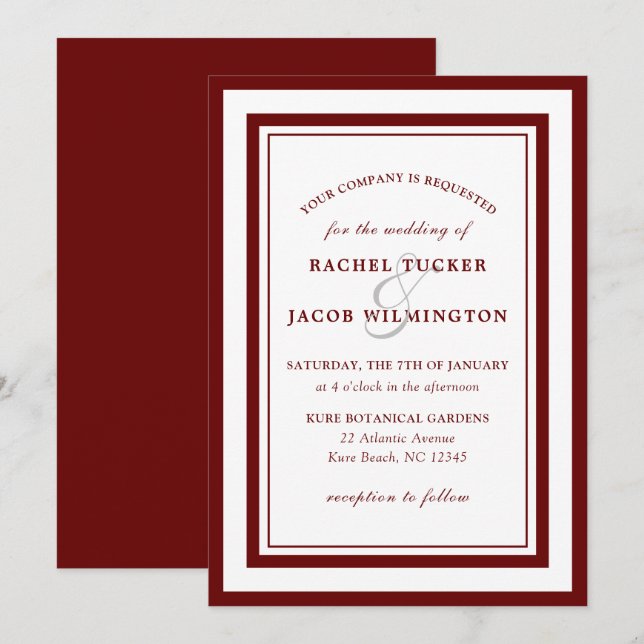 Invitation Bordure blanche rouge bordeaux moderne Mariage sim (Devant / Derrière)