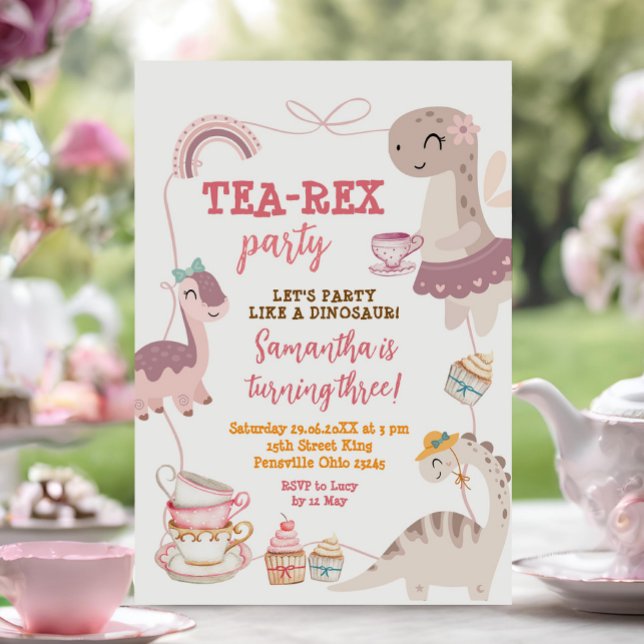 Invitation Bordure Bow Dinosaur Tea-Rex 3e Fille Anniversaire (Créateur téléchargé)