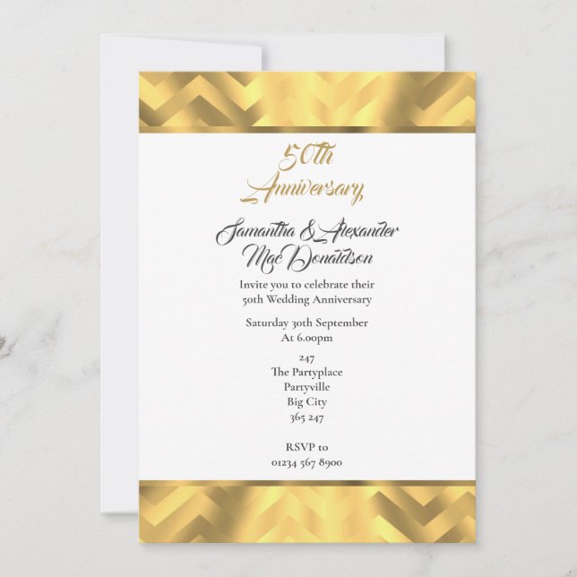 Invitation Bordure chevron or 50e anniversaire de mariage (Devant)