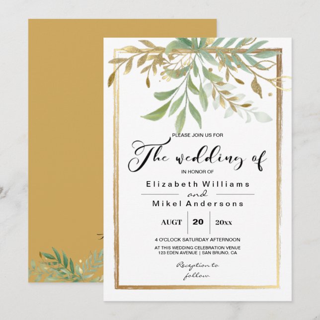 Invitation Bordure classique Feuille doré mariage de verdure (Devant / Derrière)