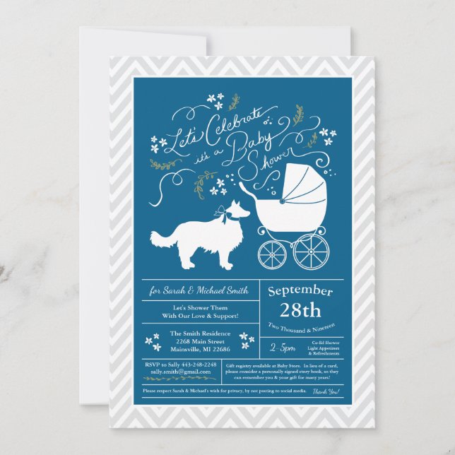 Invitation Bordure Collie Chien Baby shower Blue Boy (Devant)