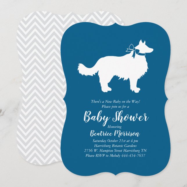 Invitation Bordure Collie Chien Baby shower Blue Boy (Devant / Derrière)