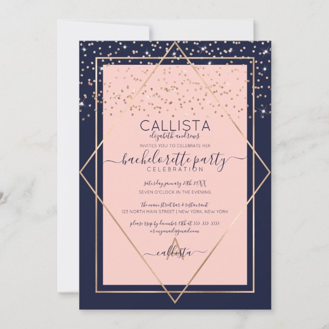 Invitation Bordure Confetti en or rose Marine Bachelorte (Devant)