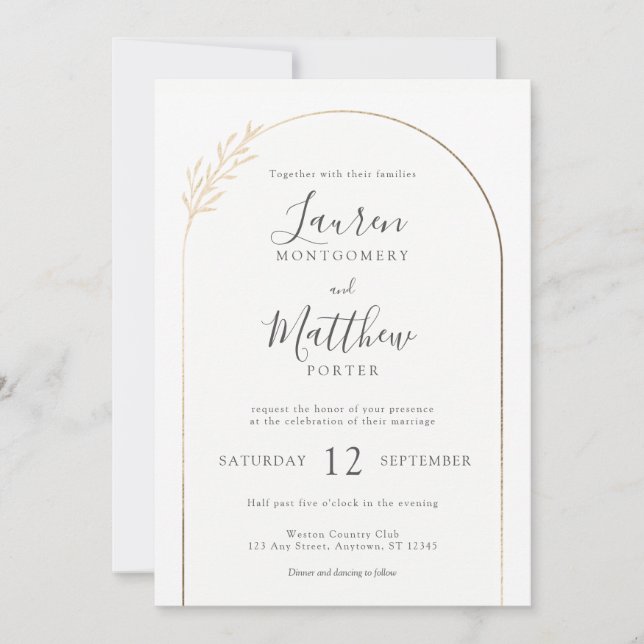 Invitation Bordure d'arc doré moderne avec Mariage de détail  (Devant)