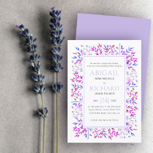 Invitation Bordure de feuilles, baies lavande violet mariage 
