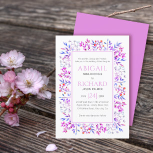 Invitation Bordure de feuilles, baies rose violet mariage
