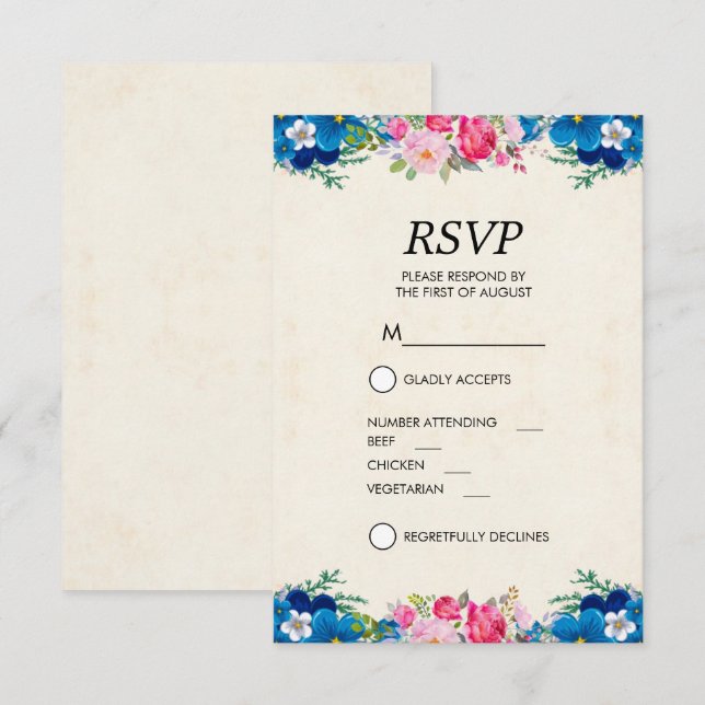 Invitation Bordure de Fleur Bleue et Rose Pretty RSVP (Devant / Derrière)