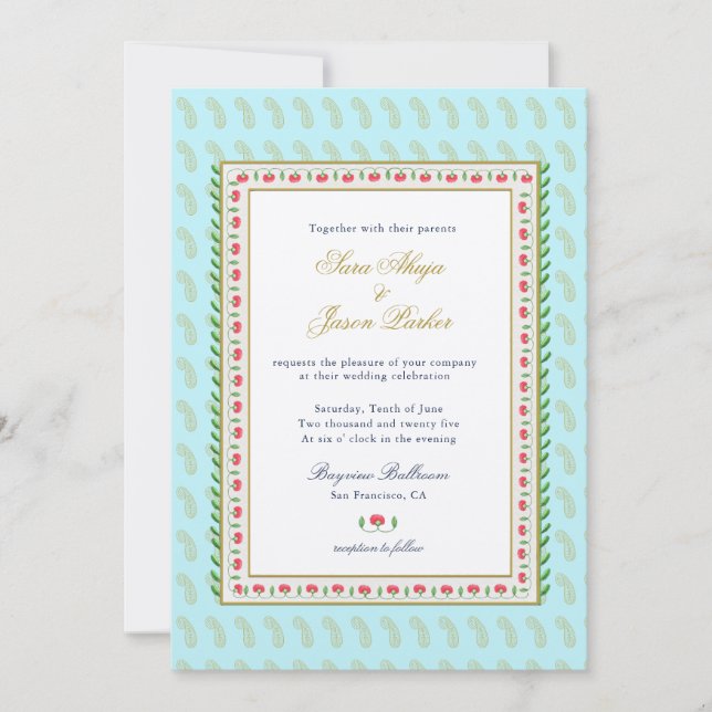 Invitation Bordure de fleurs d'aquarelle Aqua mariage indien (Devant)