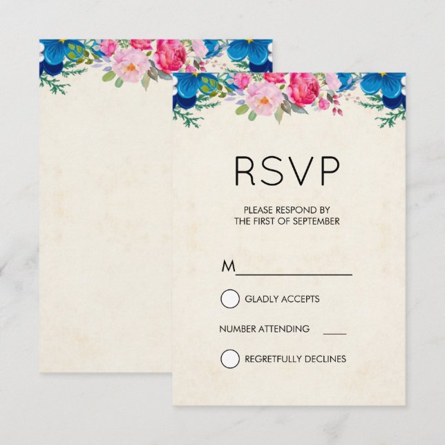 Invitation Bordure de fleurs rose et bleu jolie RSVP simple (Devant / Derrière)