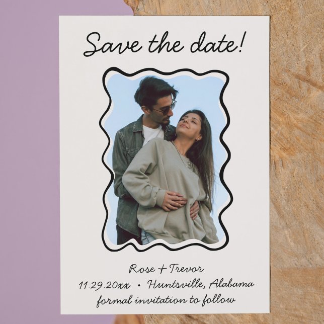 Invitation Bordure de la main agitée - Tirer sur la main Enre (quirky and whimsical hand drawn photo save the date with funky wavy frame QR code cream and black)