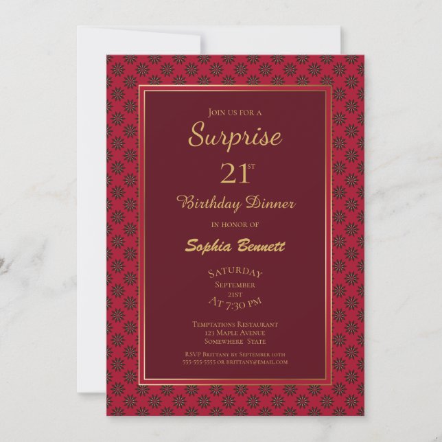 Invitation Bordure décorative rouge Surprise 21e anniversaire (Devant)