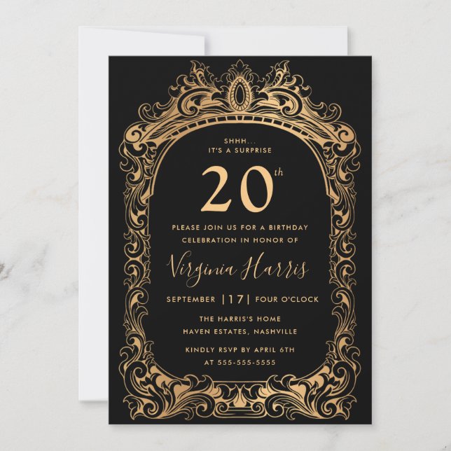 Invitation Bordure d'or classique Black Vingt-dixième anniver (Devant)