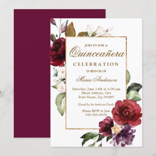 Invitation Bordure d'or floral de Bourgogne Quinceanera Party