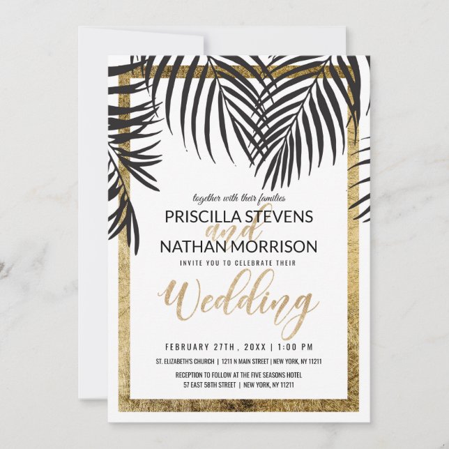 Invitation Bordure d'or Mariage moderne Black Palm Tree Frond (Devant)