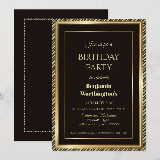 Invitation Bordure d'or moderne avec bandes d'or 50e annivers (Devant / Derrière)