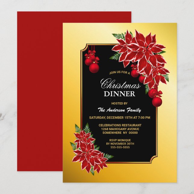 Invitation Bordure d'or Noir avec Poinsettia Dîner de Noël (Devant / Derrière)