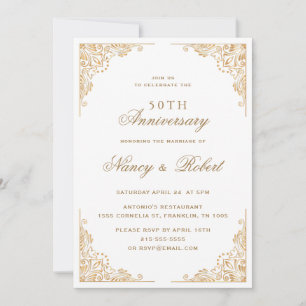 Invitation Bordure d'or Ornate Blanc 50e anniversaire Mariage
