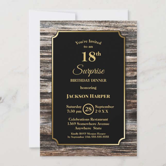 Invitation Bordure d'or rustique Bois Surprise 18e anniversai (Devant)