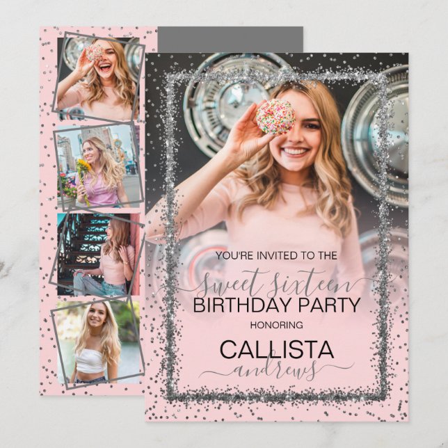 Invitation Bordure en argent rose Confetti Photo Sweet 16 (Devant / Derrière)