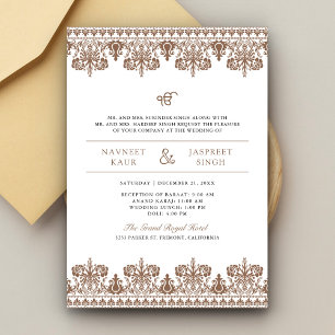 Invitation Bordure en Damas Brun Mariage Anand Karaj Sikh