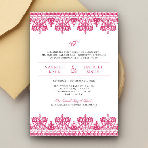Invitation Bordure en damas rose Anand Karaj mariage sikh