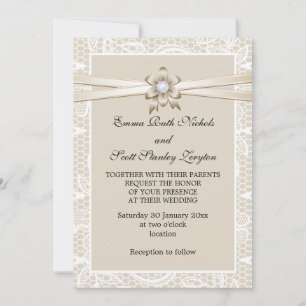 Invitation Bordure en dentelle avec mariage en ruban beige