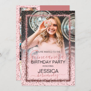 Invitation Bordure en or rose Confetti Photo Quinceañera
