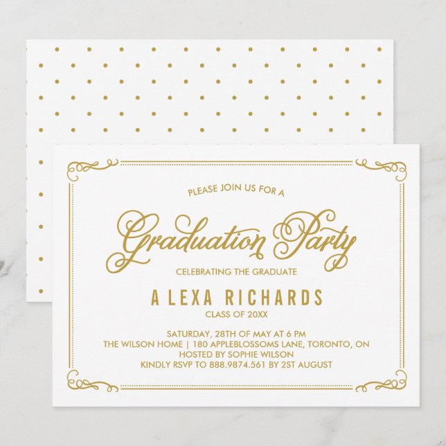 Invitation Bordure et script Gold Whimsical Graduation (Devant / Derrière)