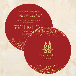 Invitation Bordure fleurie or rouge mariage chinois double xi