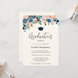 Invitation Bordure florale rose et bleu avec capuchon de grad