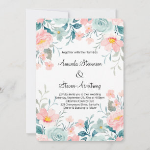 Invitation Bordure florale rose et vert Élégant Mariage