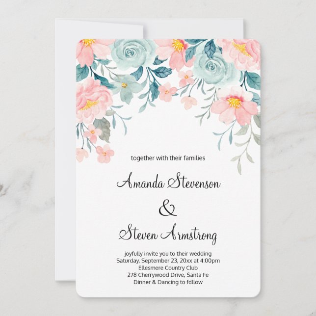 Invitation Bordure florale rose et vert Élégant Mariage (Devant)