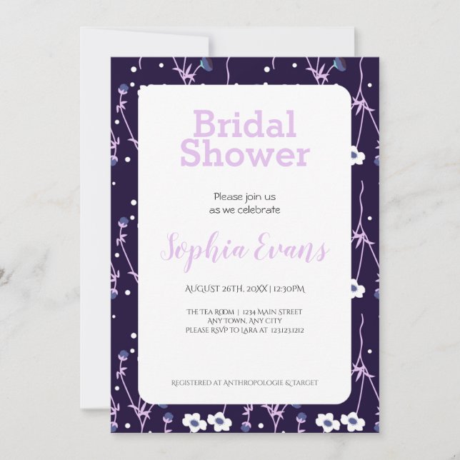 Invitation Bordure florale violet et blanche Fête des mariées (Devant)