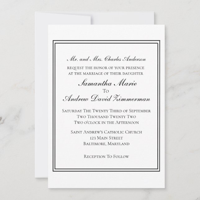 Invitation Bordure noire blanche Classique Formel Mariage élé (Devant)