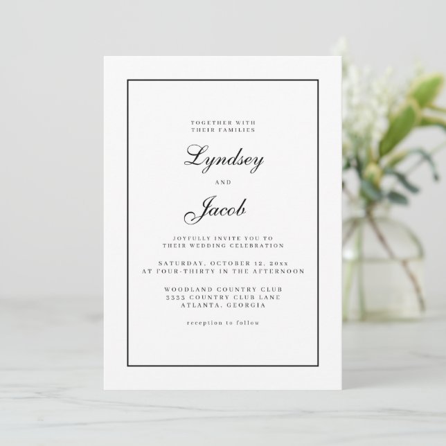Invitation Bordure noire classique et mariage blanc élégant (Debout devant)