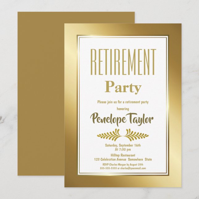 Invitation Bordure or et texte de la partie de retraite (Devant / Derrière)