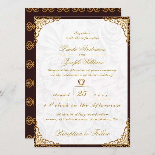 Invitation Bordure Or Glamor Luxe & Mariage Fleur Nordique (Devant / Derrière)