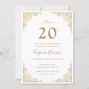 Invitation Bordure Ornate Or Blanc Vingt-vingtième anniversai