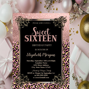Invitation Bordure Pailletée Rose Gold Léopard Sweet 16