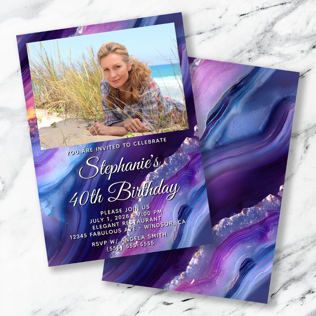 Invitation Bordure photo d'agate bleu violet 40e anniversaire (Blue Purple Agate Photo Border 40th Birthday Invitation)