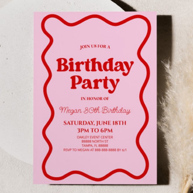 Invitation Bordure rose rouge rétro Wavy Anniversaire (Créateur téléchargé)
