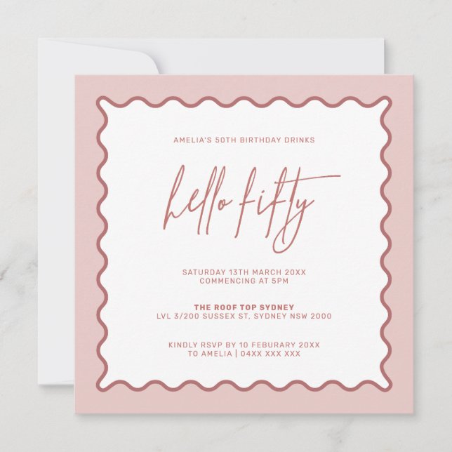Invitation Bordure rose Vavy Bonjour Cinquante Anniversaire I (Devant)