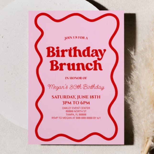 Invitation Bordure rouge rose rétro vague Anniversaire Brunch (Créateur téléchargé)